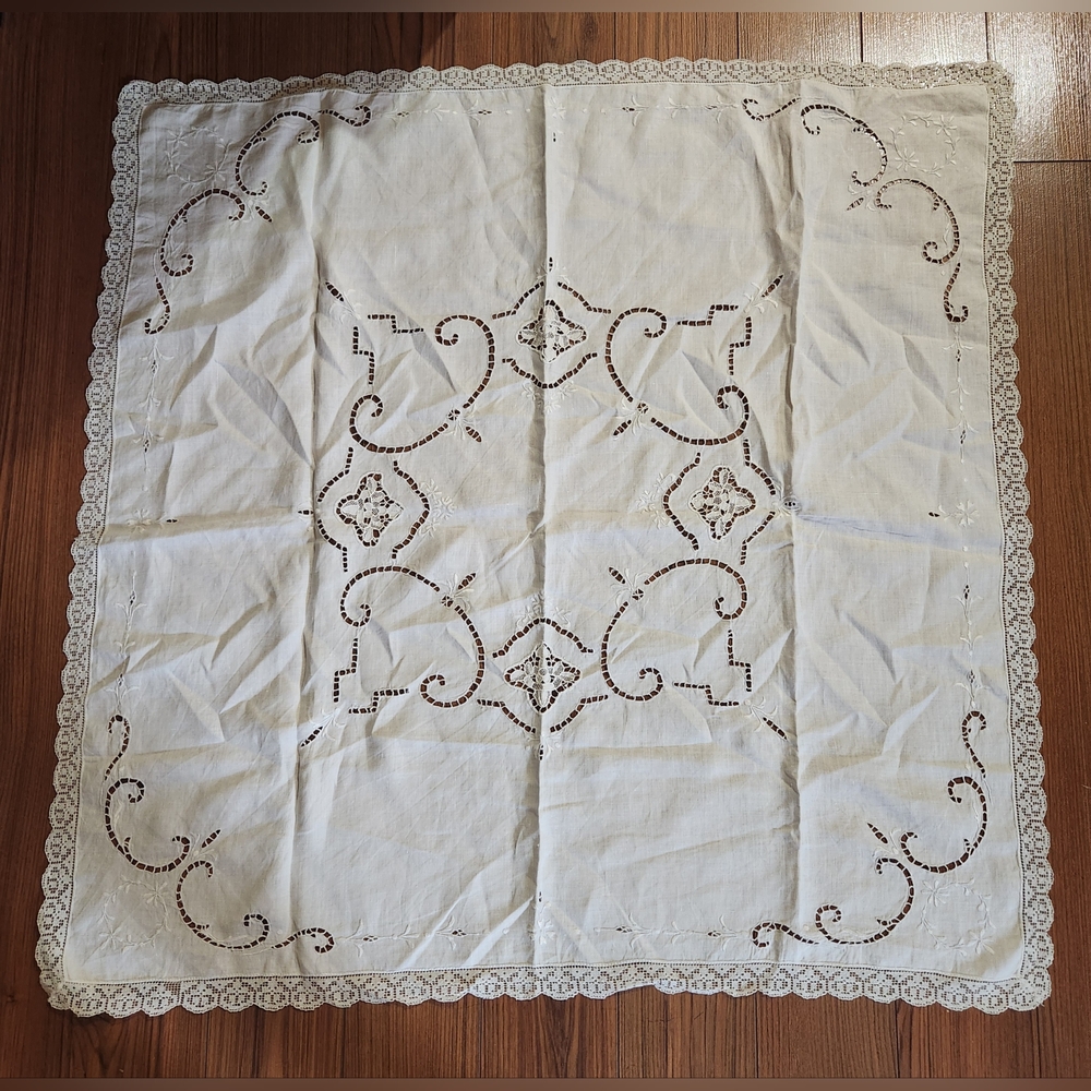 Vintage White Embroidered & Cut Work Small Square Tablecloth with Lovely Lace